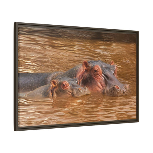 Animals Hippos Brown Framed Canvas Print – Realistic Living Room, Above Couch - YesArtYes