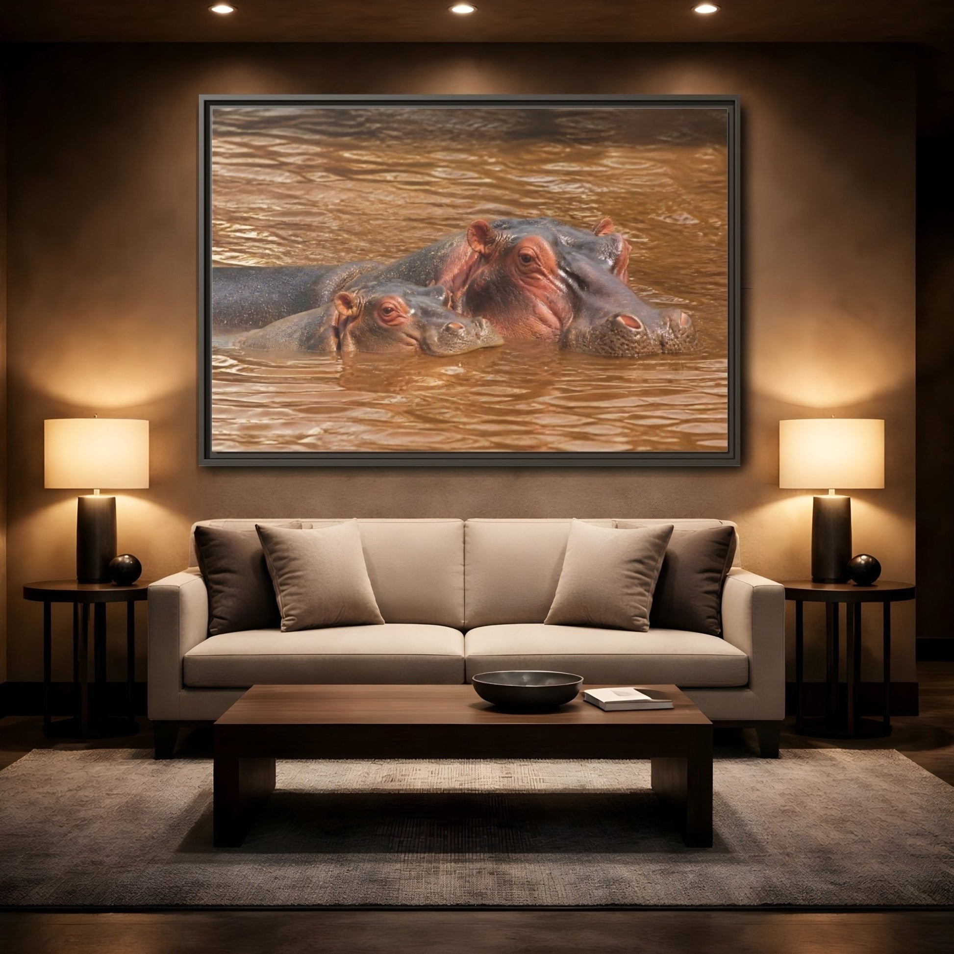 Animals Hippos Brown Framed Canvas Print – Realistic Living Room, Above Couch - YesArtYes
