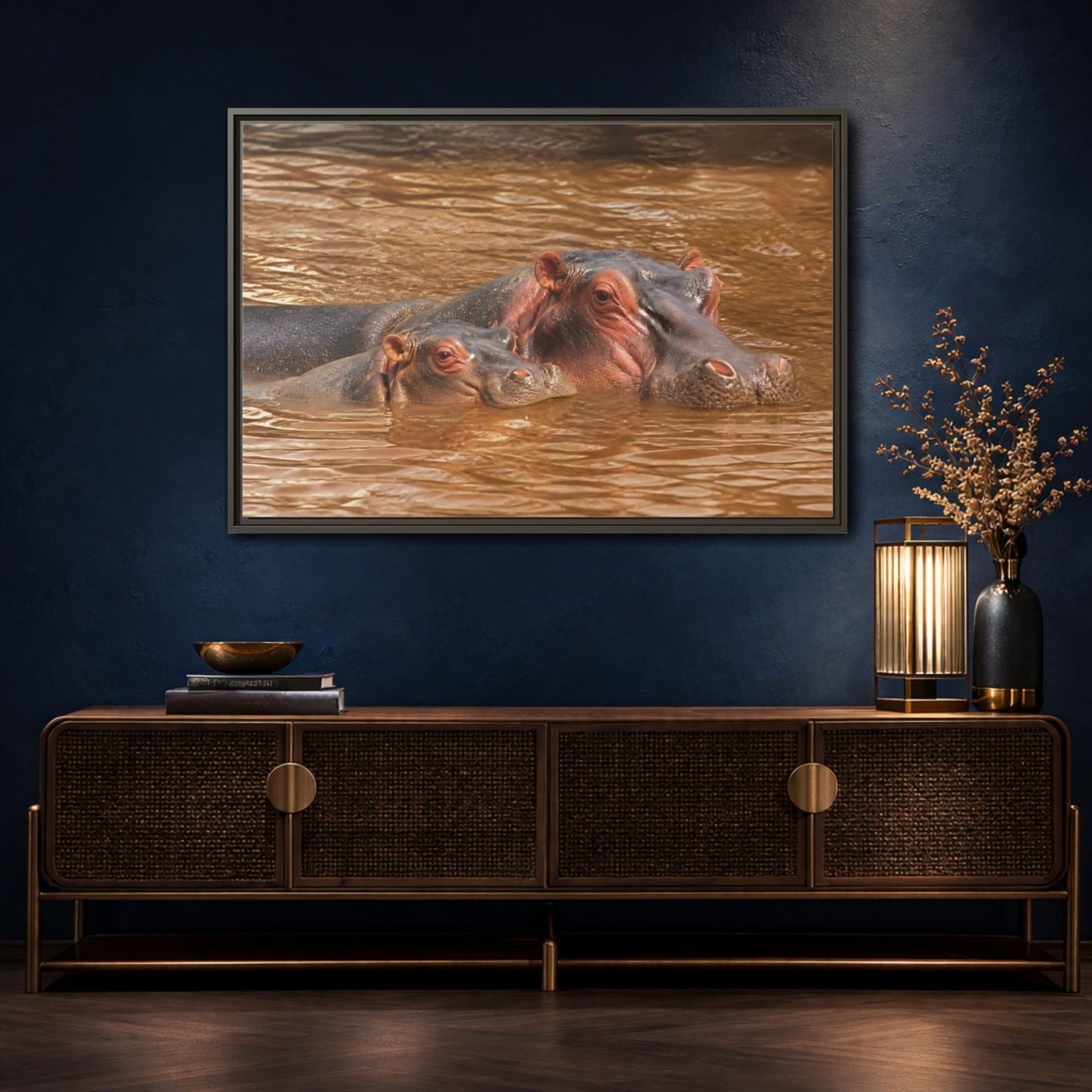 Animals Hippos Brown Framed Canvas Print – Realistic Living Room, Above Couch - YesArtYes