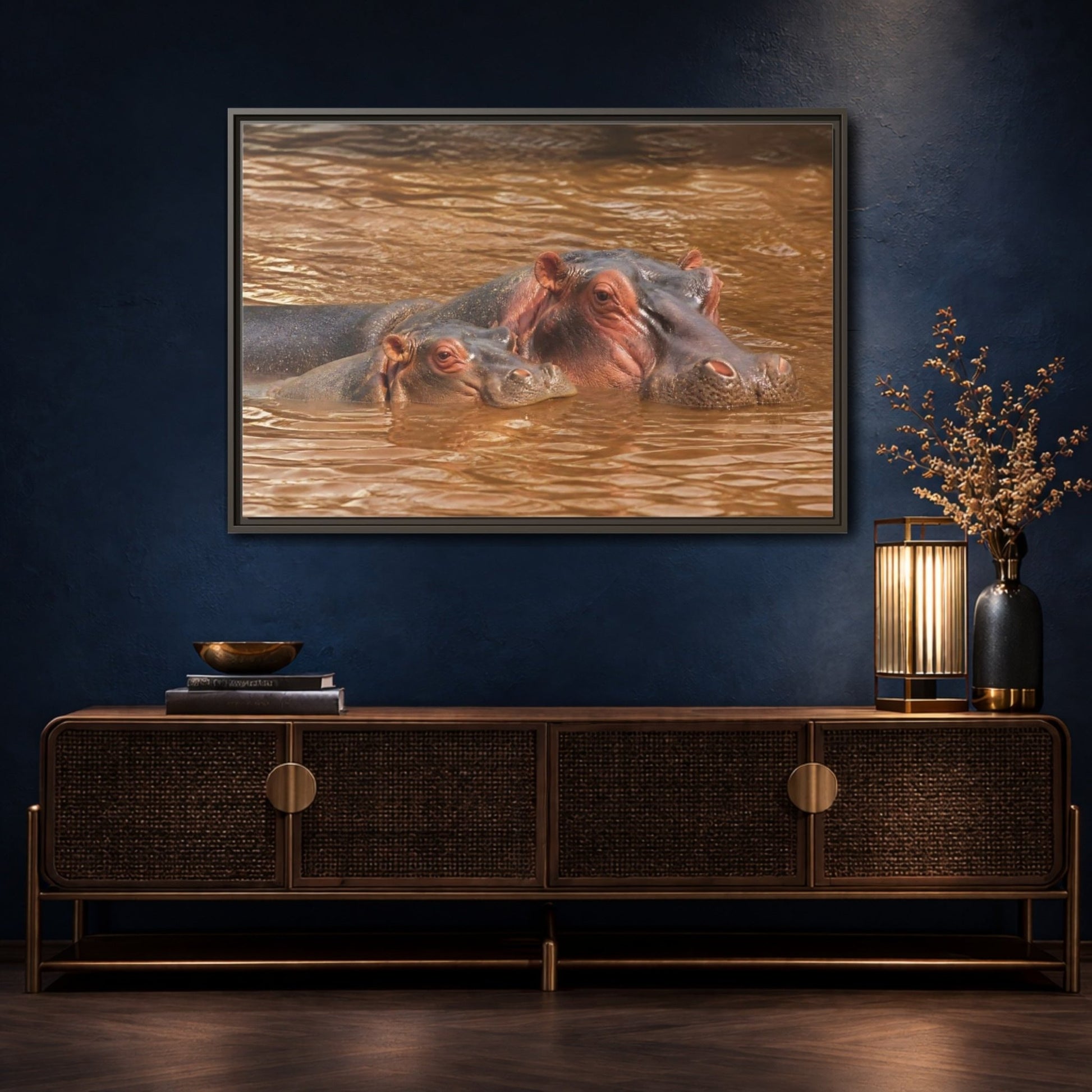 Animals Hippos Brown Framed Canvas Print – Realistic Living Room, Above Couch - YesArtYes