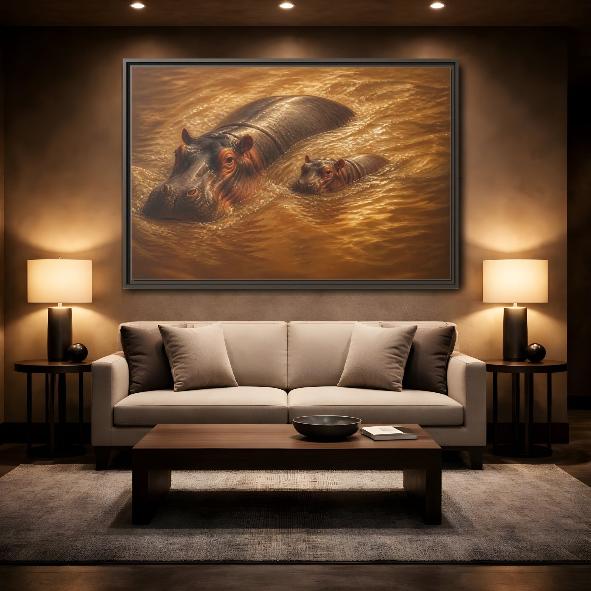 Mockup 2. Animals Hippos Brown Hippos shown as stretched canvas wall art