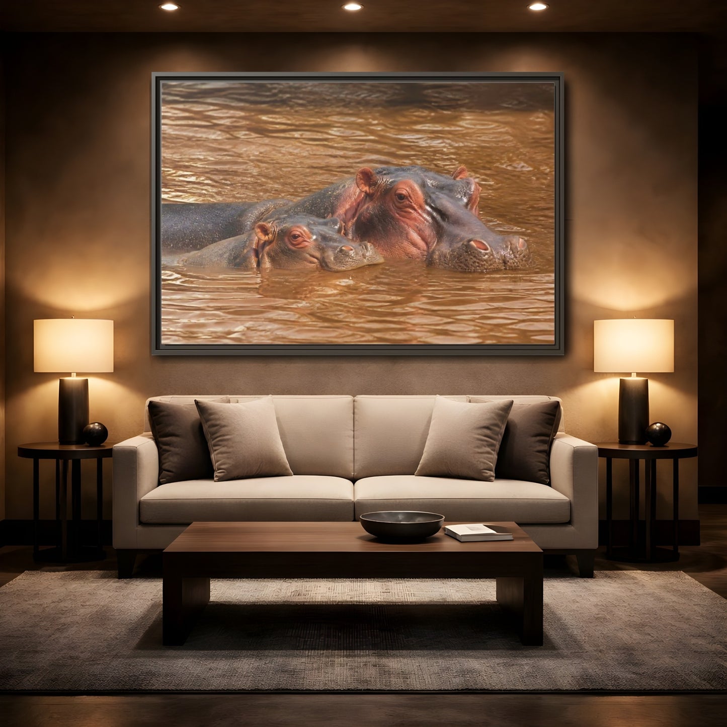 Mockup 2. Animals Hippos Brown Hippos shown as stretched canvas wall art