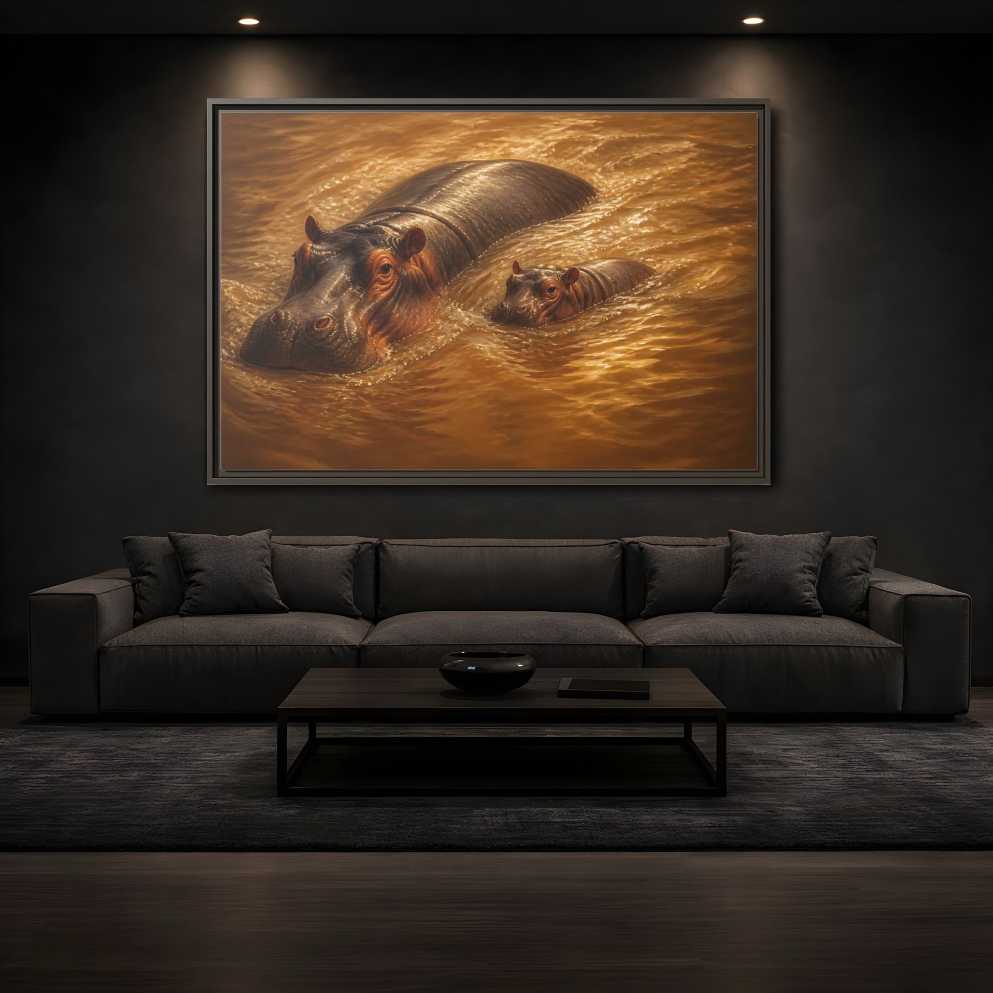 Mockup 3. Animals Hippos Brown Hippos shown as stretched canvas wall art