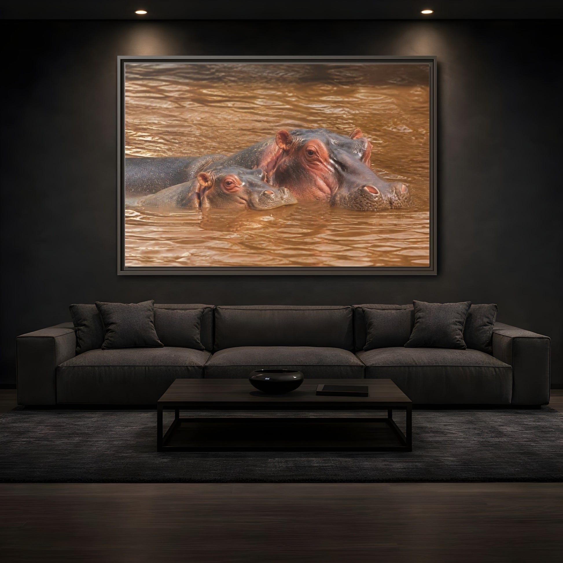 Mockup 3. Animals Hippos Brown Hippos shown as stretched canvas wall art