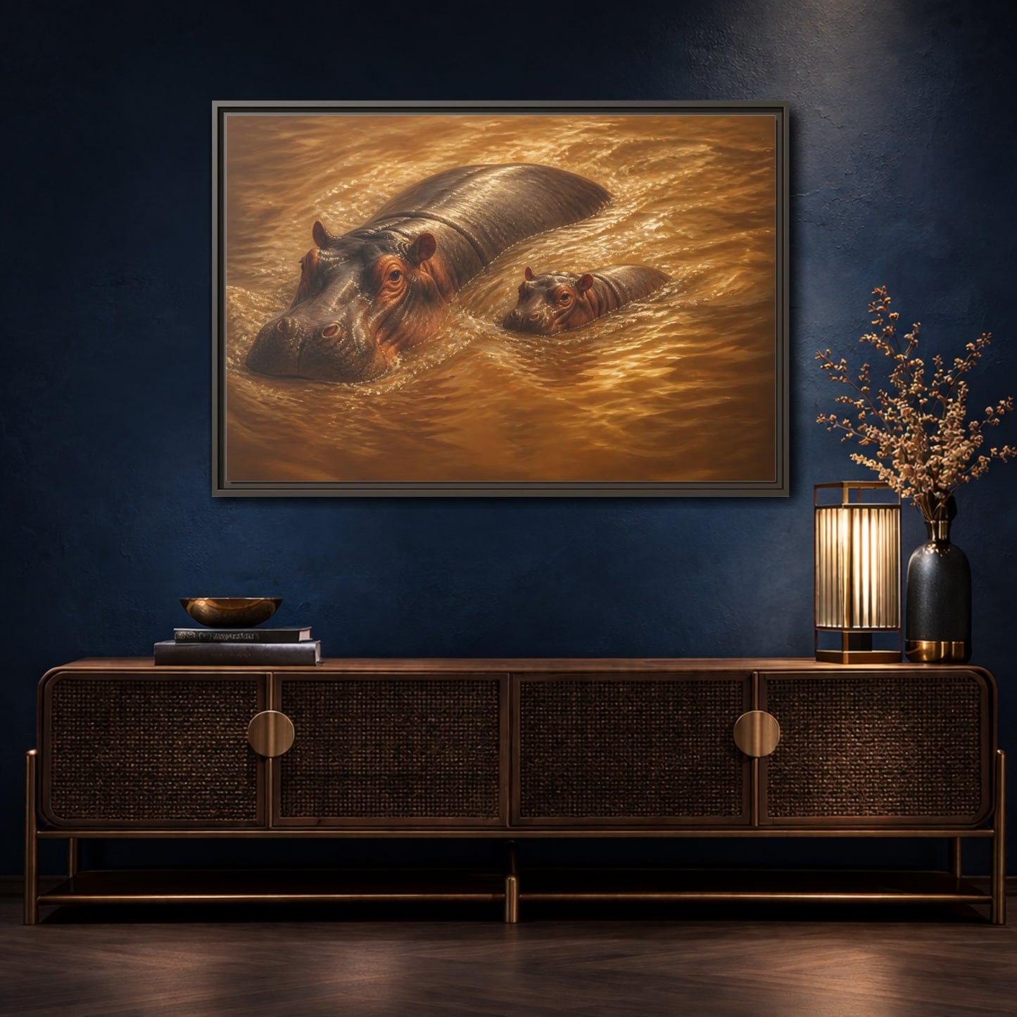 Mockup 4. Animals Hippos Brown Hippos shown as stretched canvas wall art