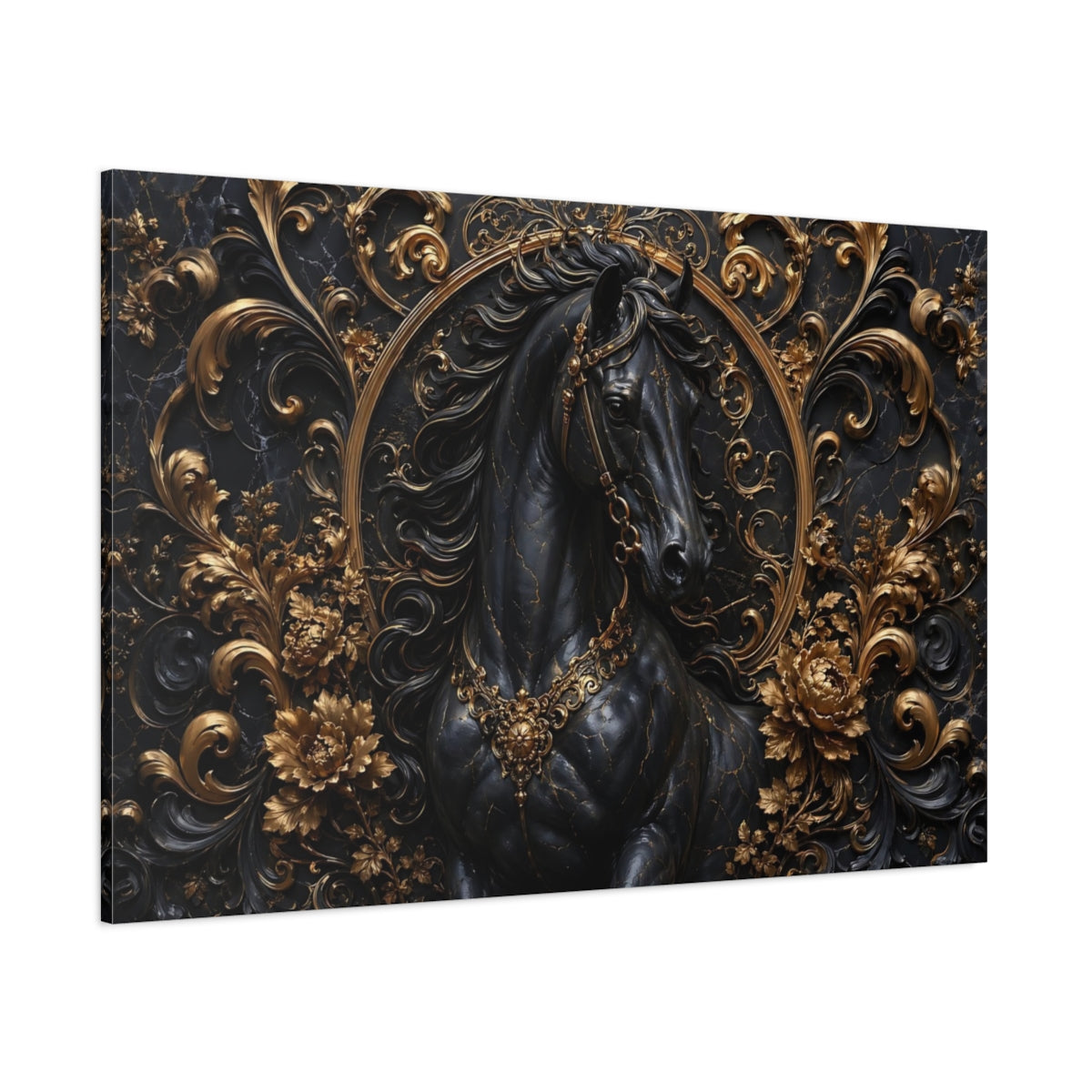 Side Mockup 1. Animals Horse Black And Gold shown as stretched canvas wall art