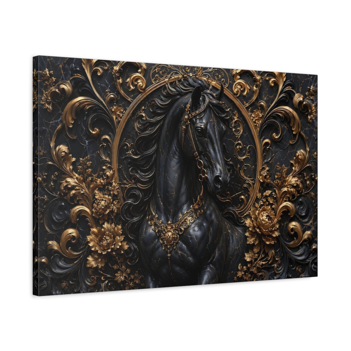 Side Mockup 2. Animals Horse Black And Gold shown as stretched canvas wall art