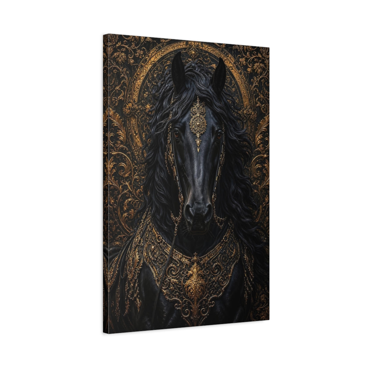 Side Mockup 2. Animals Horse Black And Gold shown as stretched canvas wall art