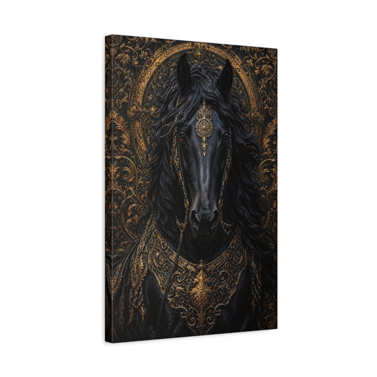 Side Mockup 3. Animals Horse Black And Gold shown as stretched canvas wall art