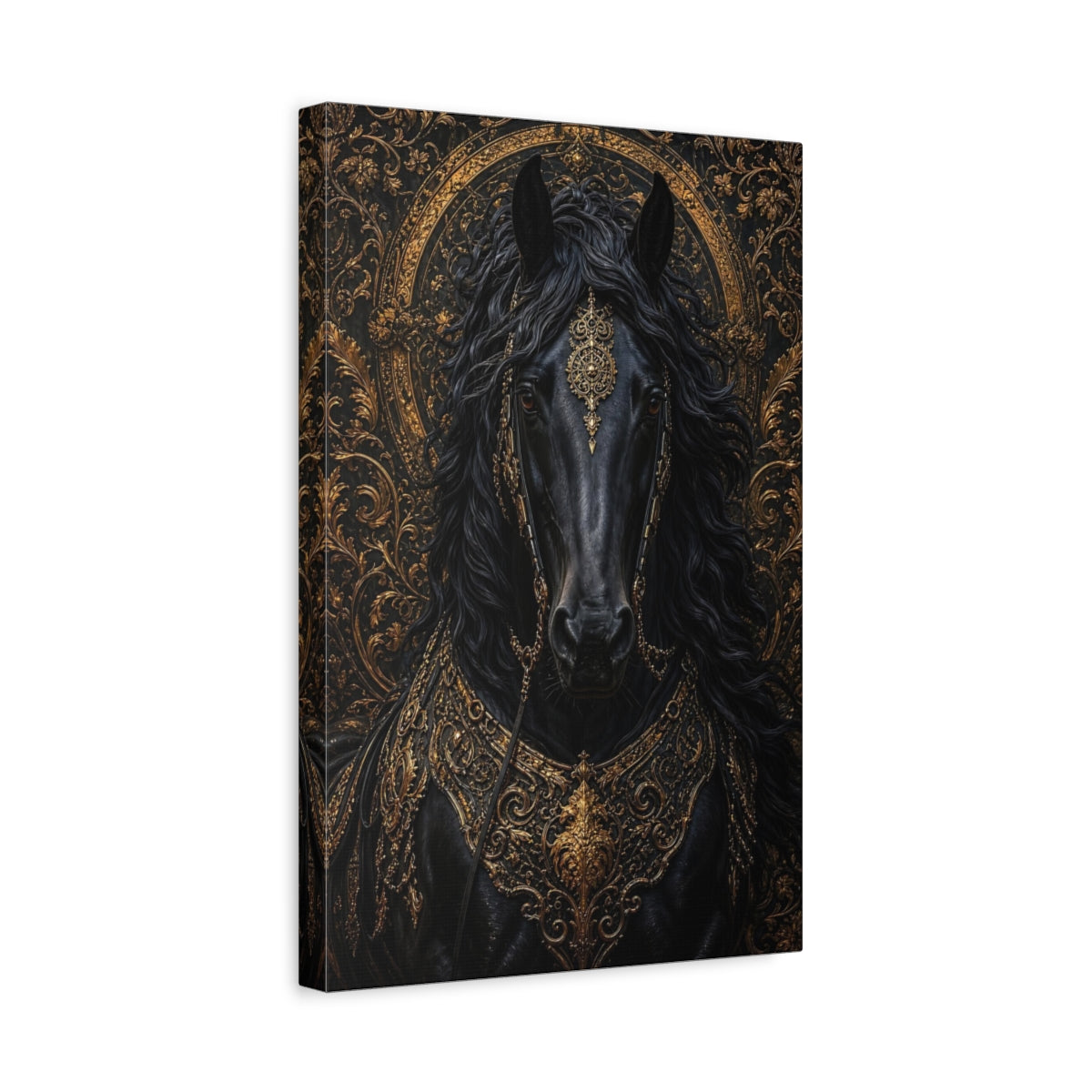Side Mockup 4. Animals Horse Black And Gold shown as stretched canvas wall art