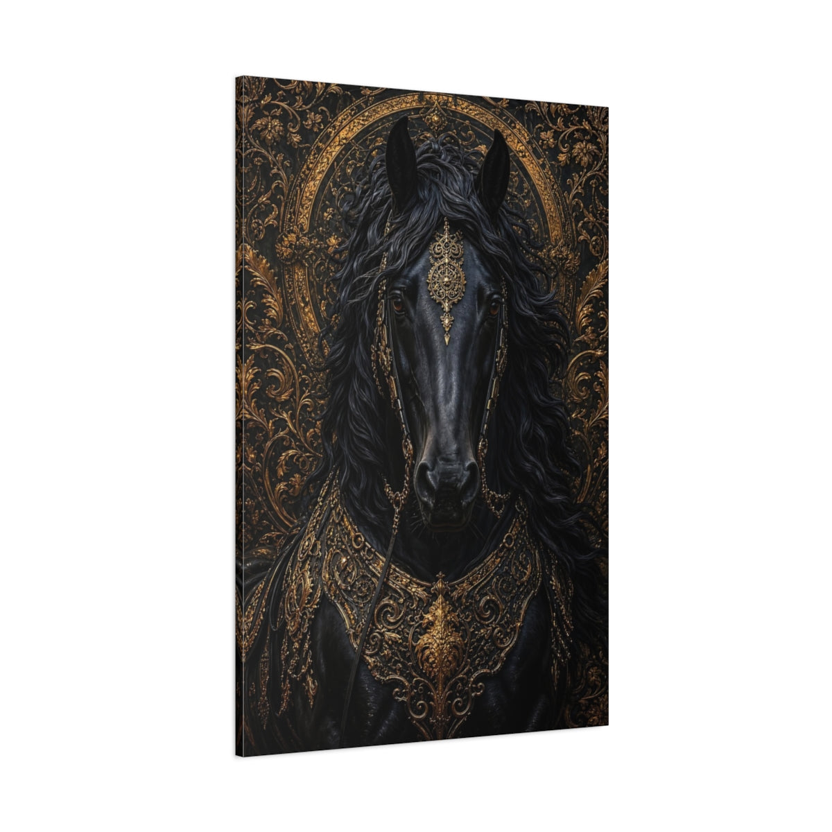 Side Mockup 1. Animals Horse Black And Gold shown as stretched canvas wall art