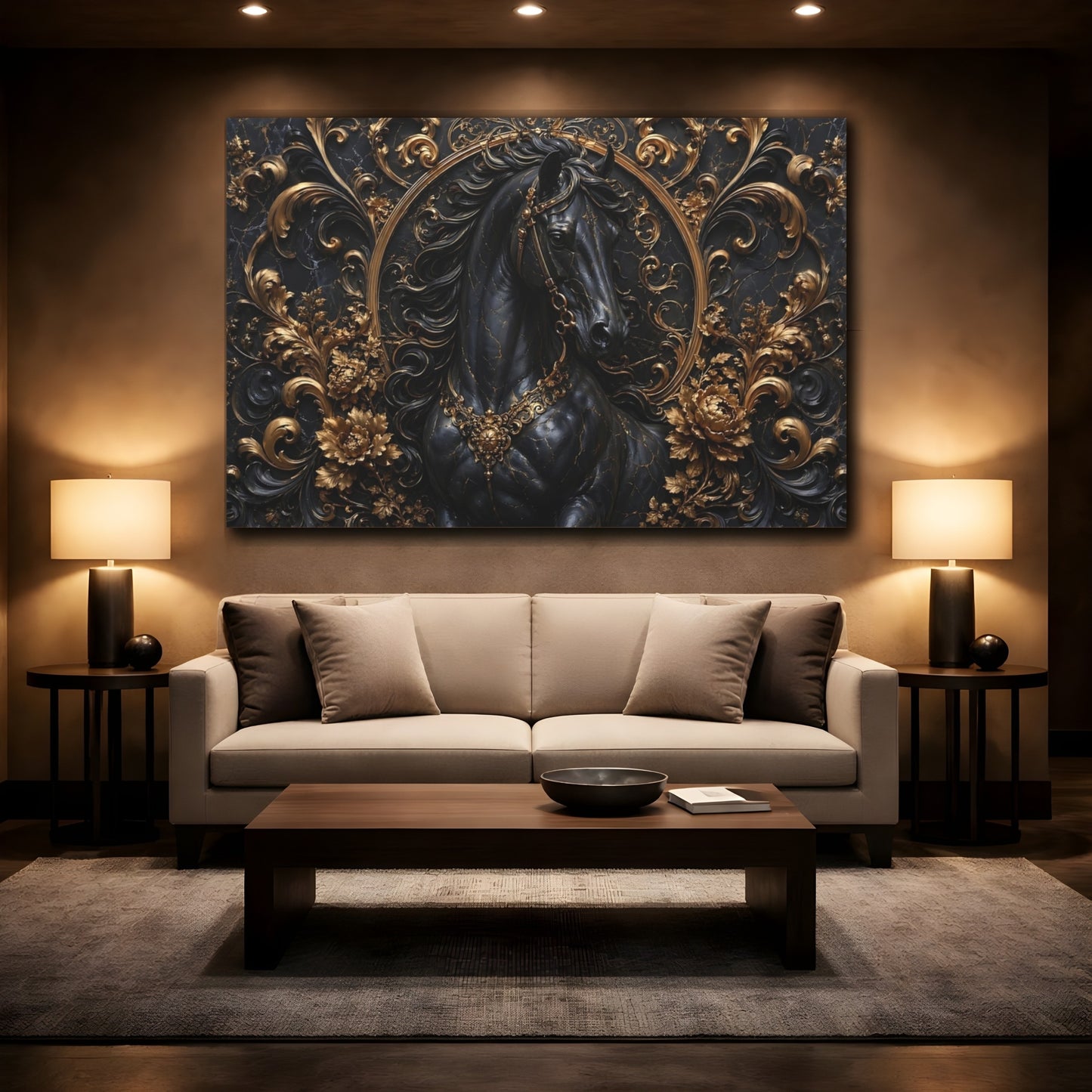 Mockup 2. Animals Horse Black And Gold shown as stretched canvas wall art