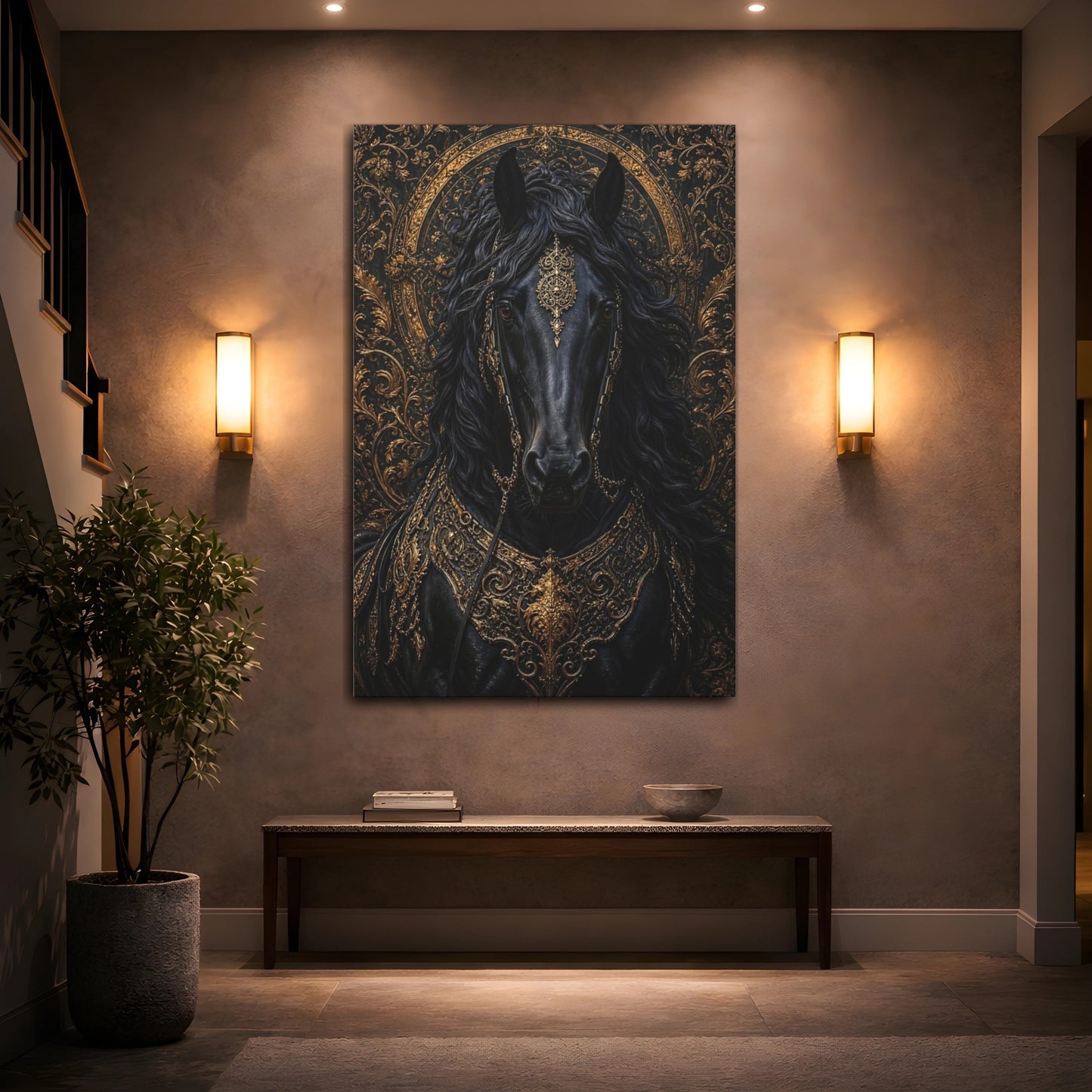 Mockup 2. Animals Horse Black And Gold shown as stretched canvas wall art