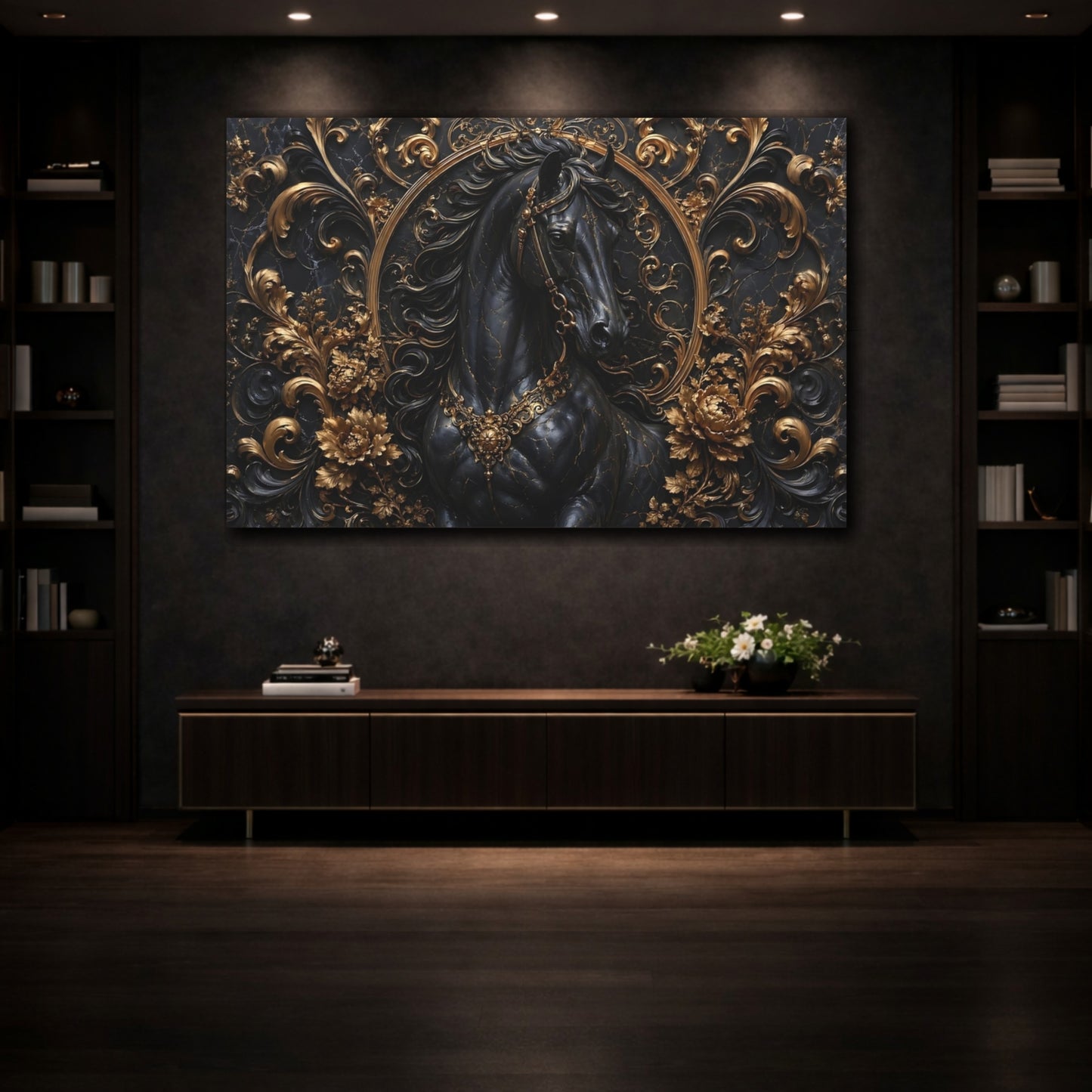 Mockup 3. Animals Horse Black And Gold shown as stretched canvas wall art