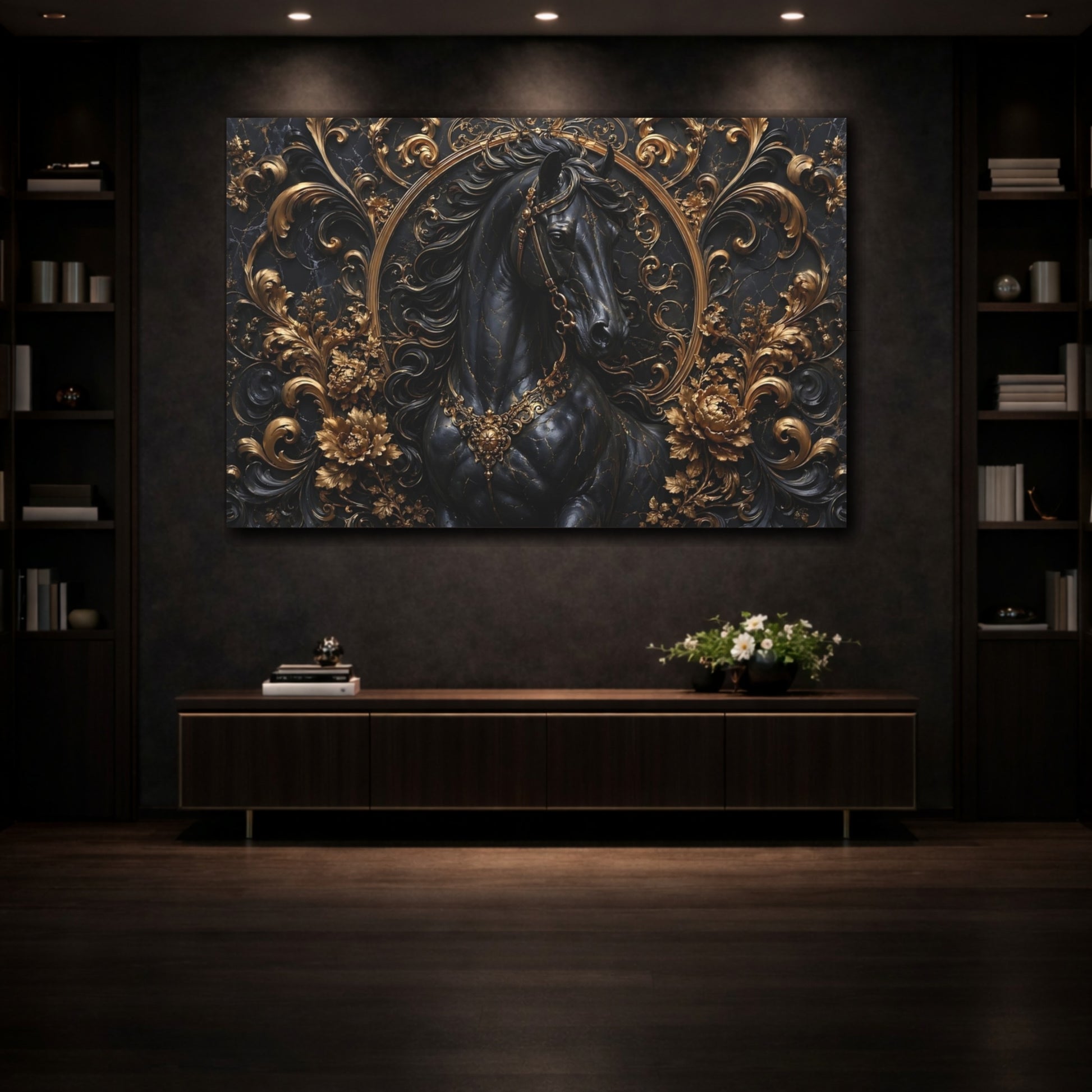 Mockup 3. Animals Horse Black And Gold shown as stretched canvas wall art