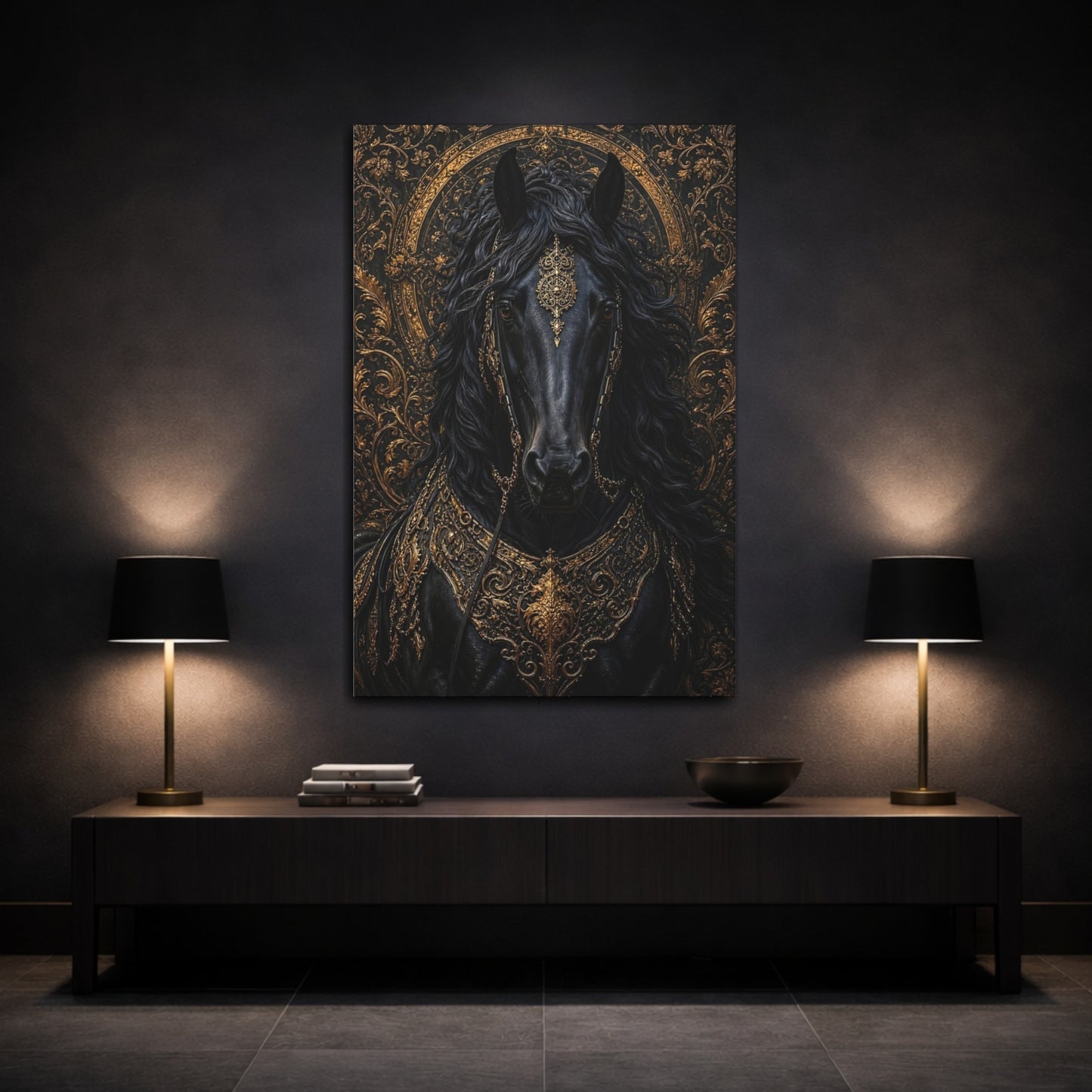 Mockup 3. Animals Horse Black And Gold shown as stretched canvas wall art