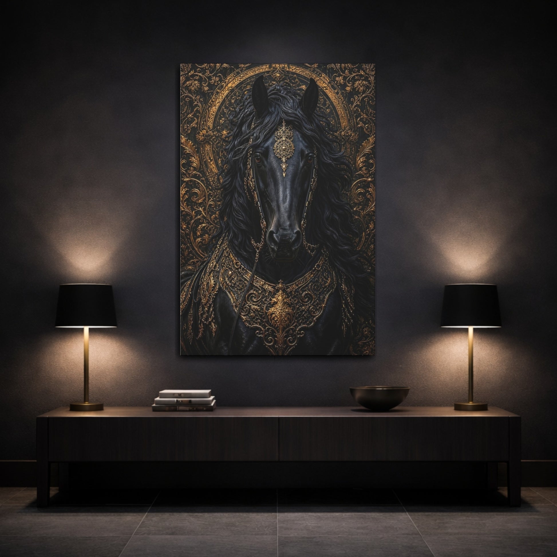 Mockup 3. Animals Horse Black And Gold shown as stretched canvas wall art