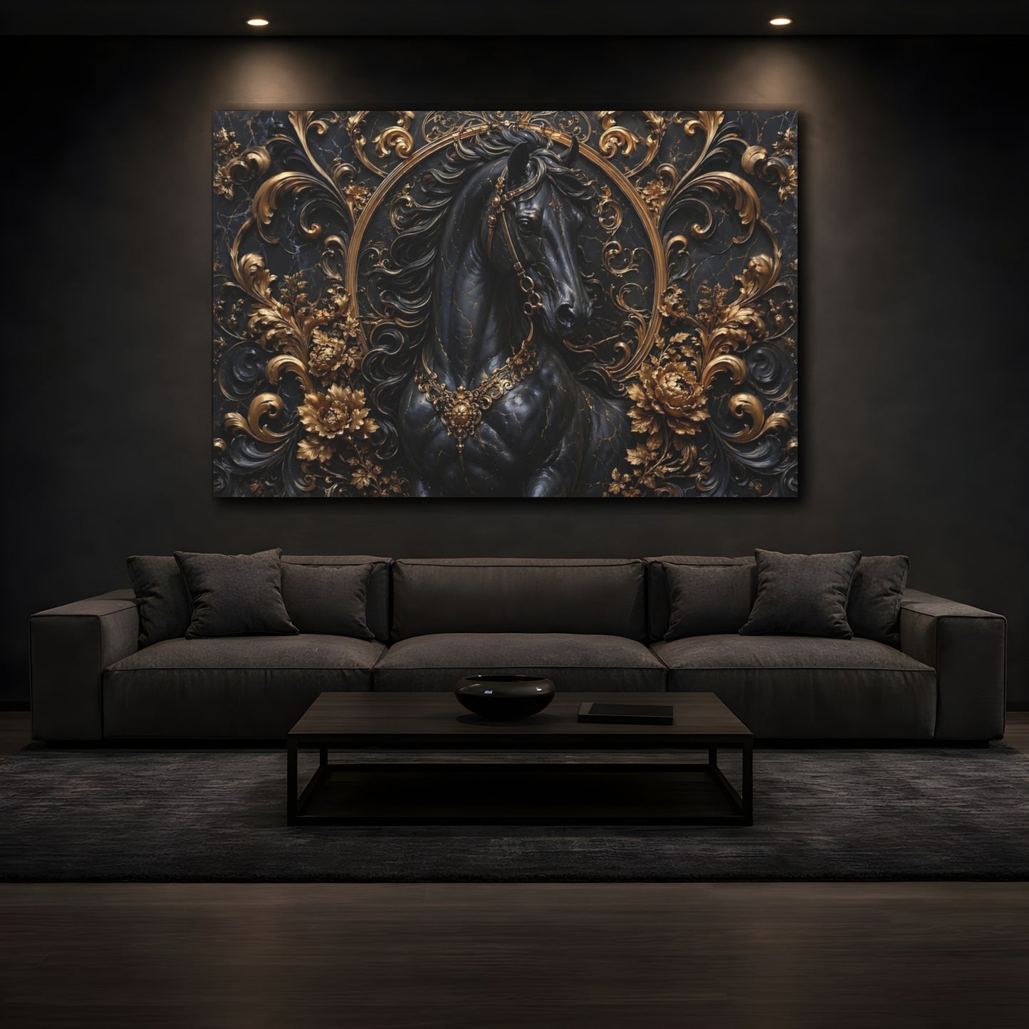 Mockup 4. Animals Horse Black And Gold shown as stretched canvas wall art
