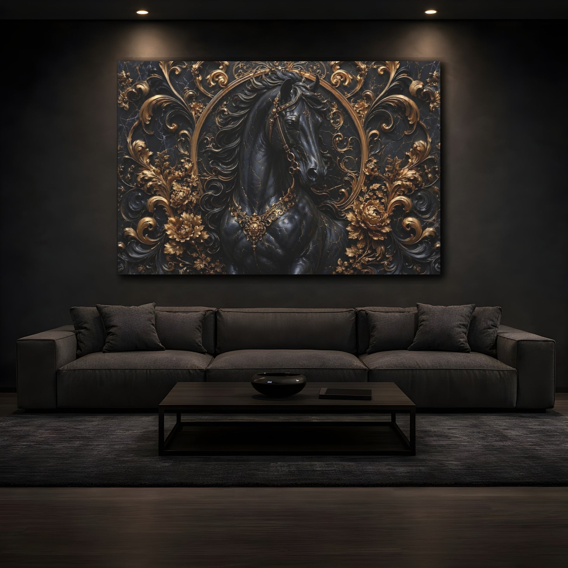 Mockup 4. Animals Horse Black And Gold shown as stretched canvas wall art