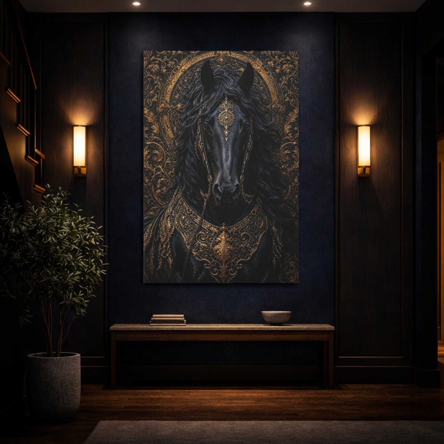 Mockup 4. Animals Horse Black And Gold shown as stretched canvas wall art