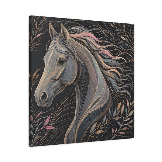 Main Mockup. Animals Horse Black And Pastel shown as stretched canvas wall art