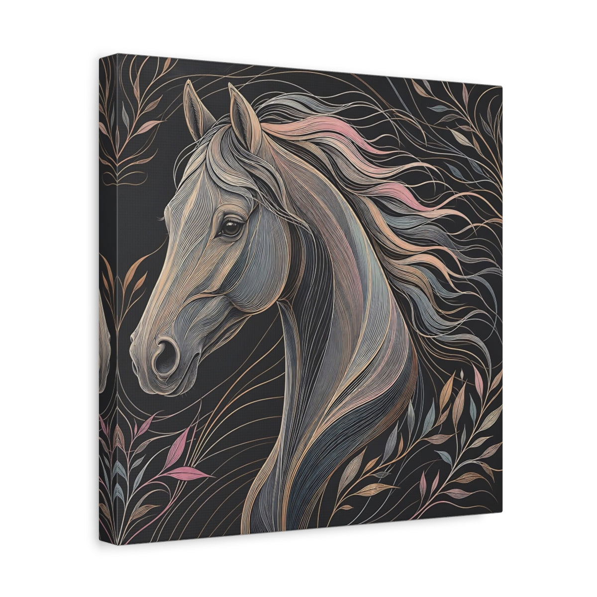Side Mockup 7. Animals Horse Black And Pastel shown as stretched canvas wall art