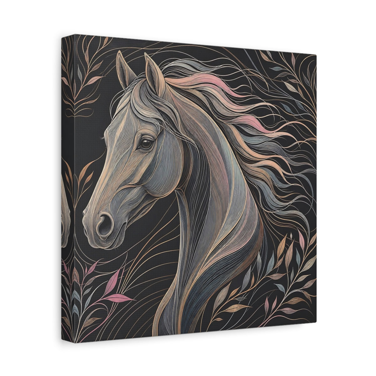 Side Mockup 8. Animals Horse Black And Pastel shown as stretched canvas wall art