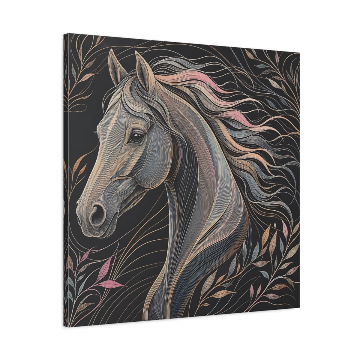 Side Mockup 3. Animals Horse Black And Pastel shown as stretched canvas wall art