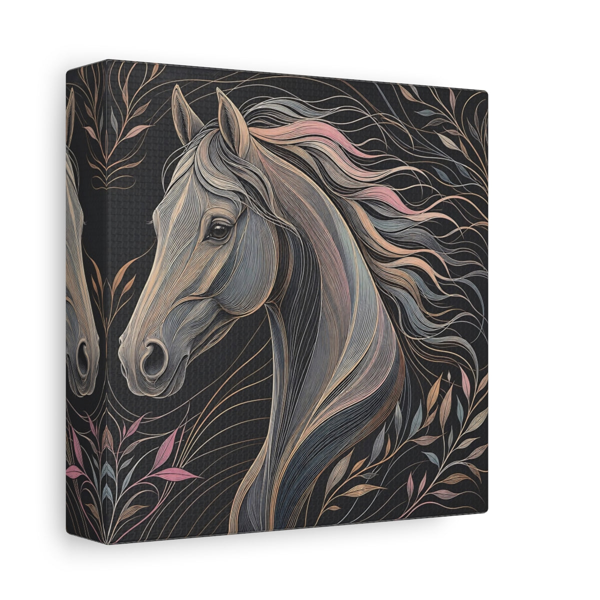Side Mockup 2. Animals Horse Black And Pastel shown as stretched canvas wall art