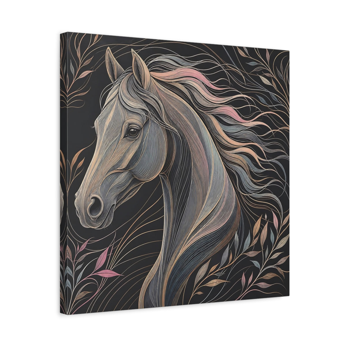 Side Mockup 5. Animals Horse Black And Pastel shown as stretched canvas wall art