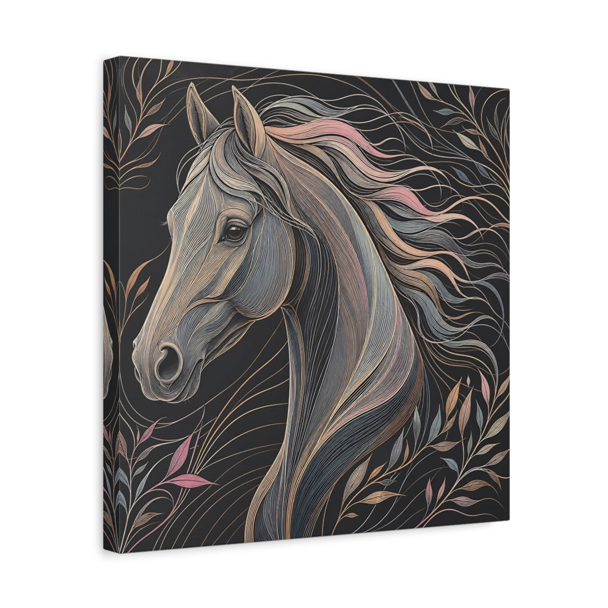Side Mockup 6. Animals Horse Black And Pastel shown as stretched canvas wall art