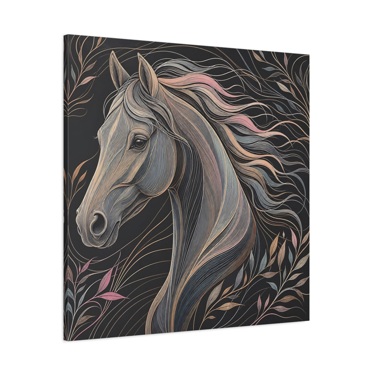 Side Mockup 1. Animals Horse Black And Pastel shown as stretched canvas wall art