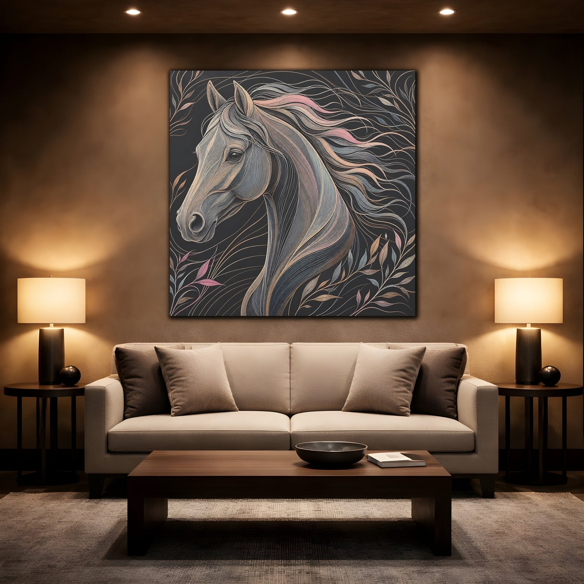 Mockup 2. Animals Horse Black And Pastel shown as stretched canvas wall art