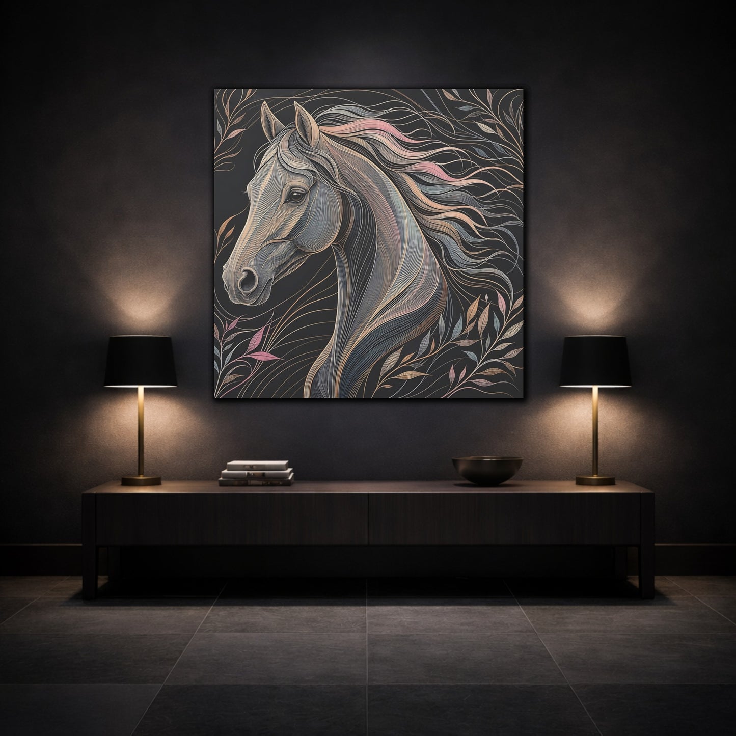 Mockup 3. Animals Horse Black And Pastel shown as stretched canvas wall art