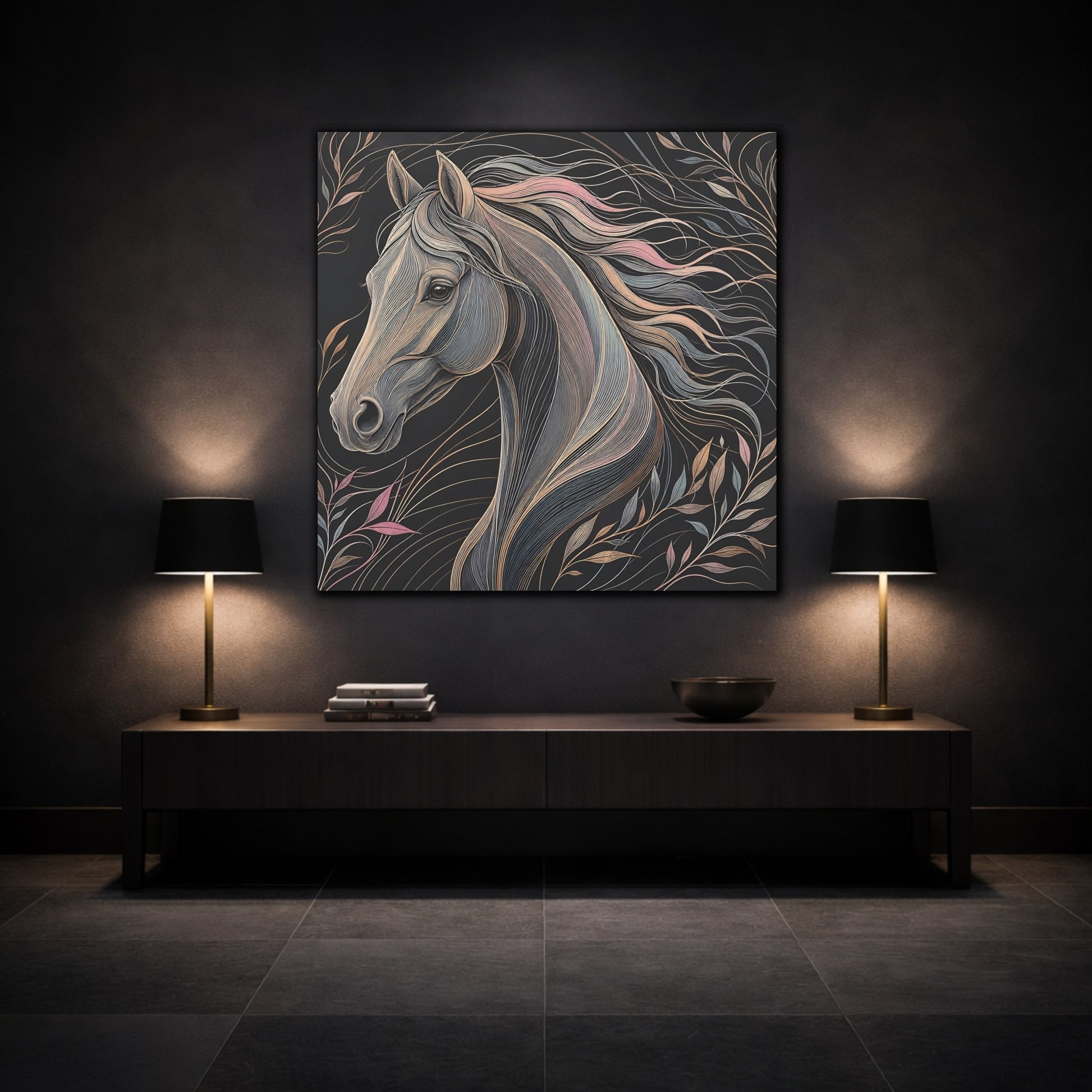 Mockup 3. Animals Horse Black And Pastel shown as stretched canvas wall art