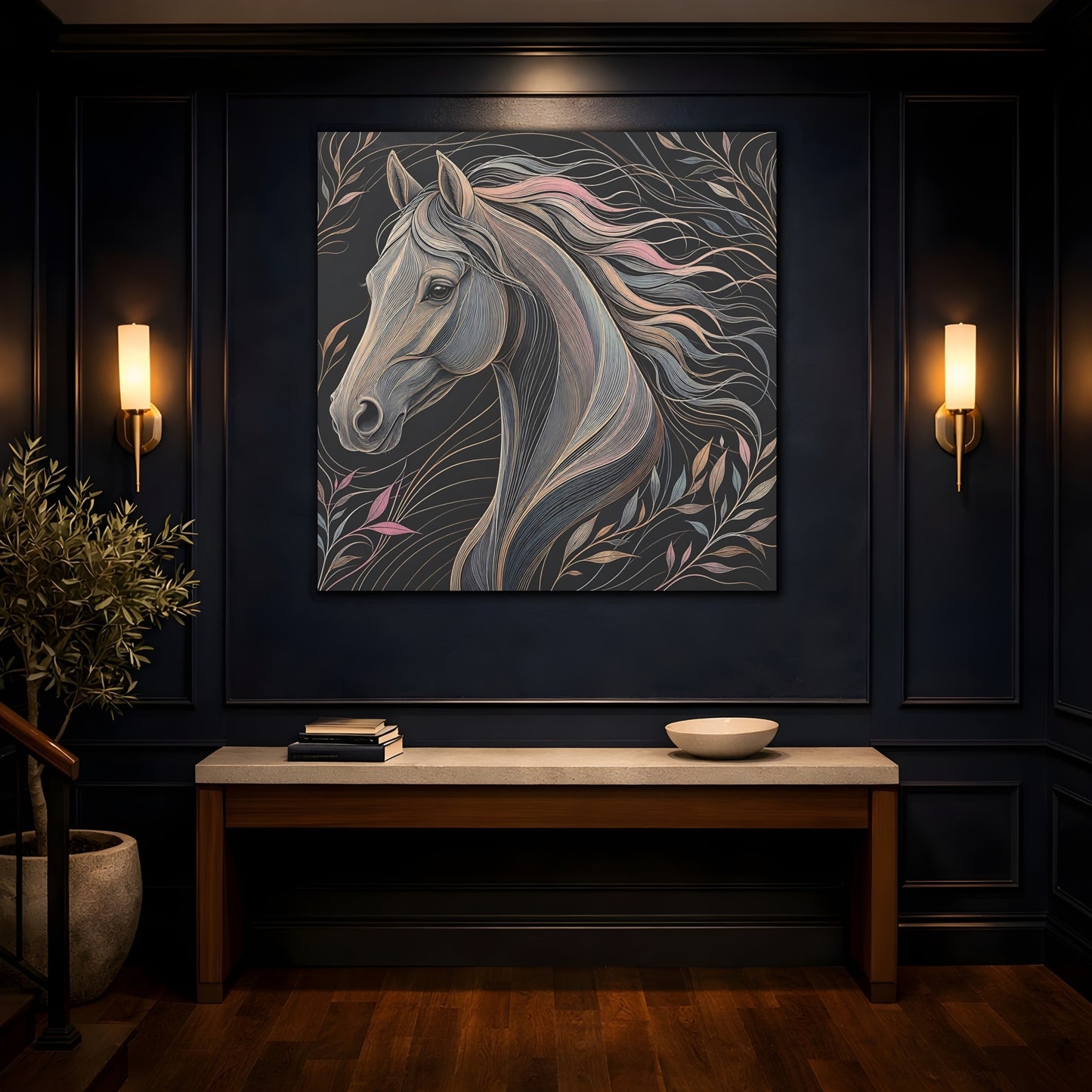 Mockup 4. Animals Horse Black And Pastel shown as stretched canvas wall art