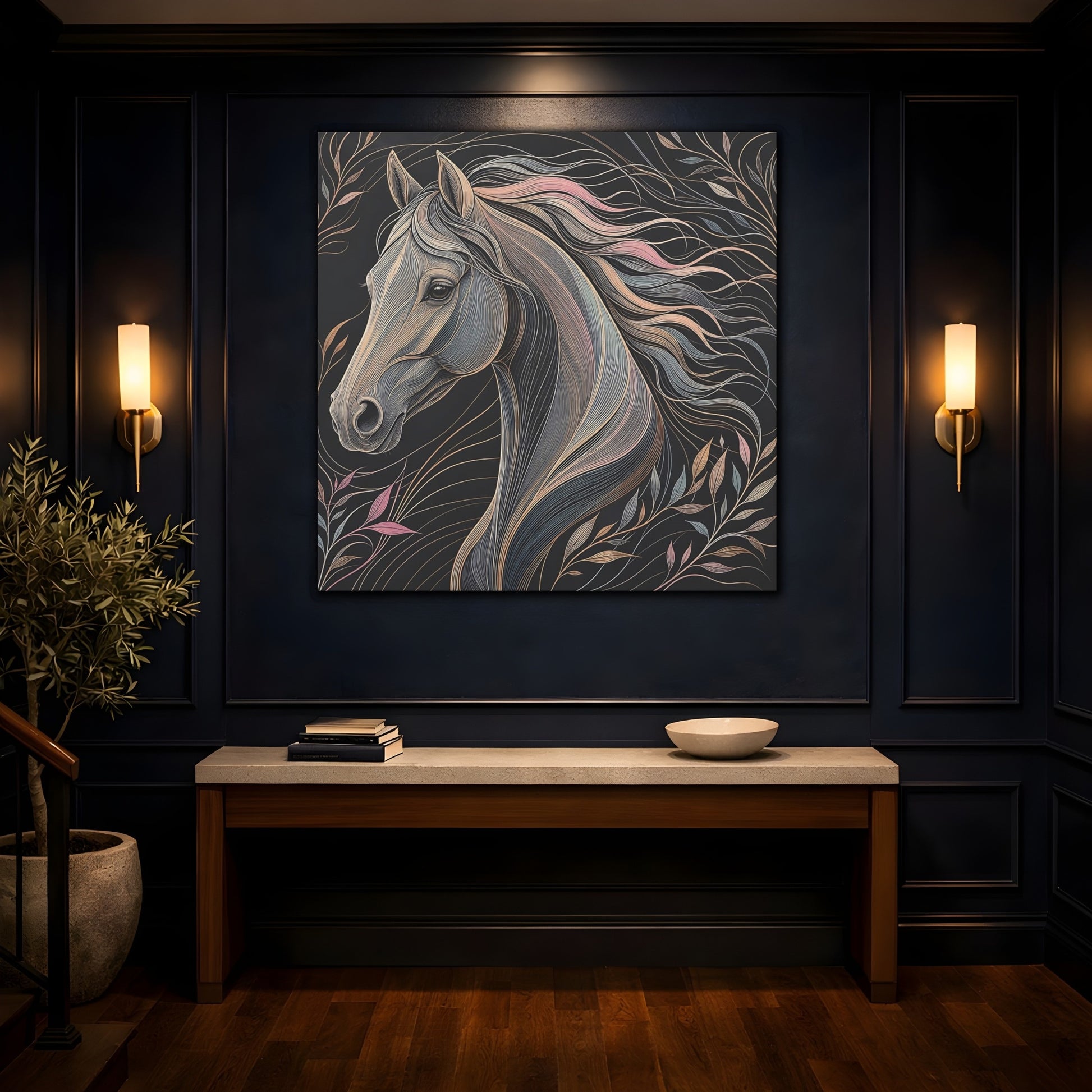 Mockup 4. Animals Horse Black And Pastel shown as stretched canvas wall art