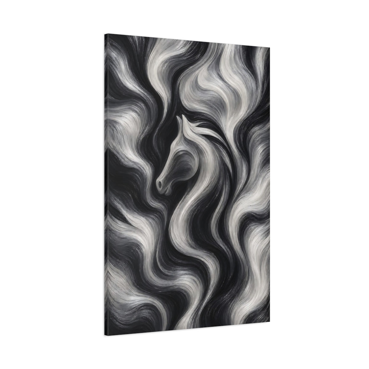 Side Mockup 1. Animals Horse Black And White shown as stretched canvas wall art