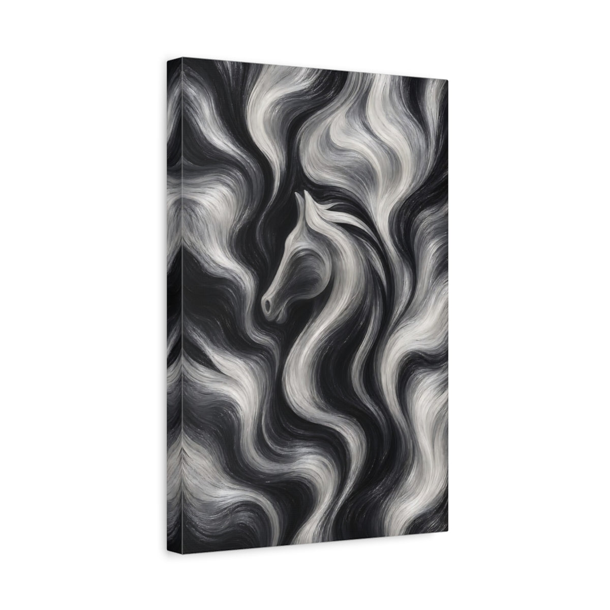 Side Mockup 4. Animals Horse Black And White shown as stretched canvas wall art