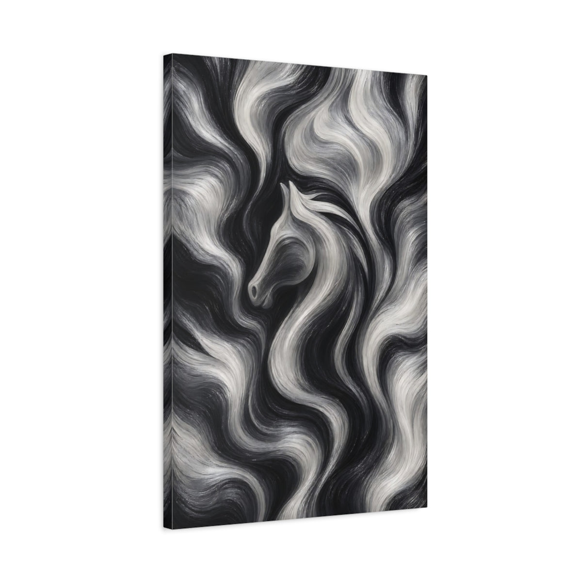 Side Mockup 2. Animals Horse Black And White shown as stretched canvas wall art