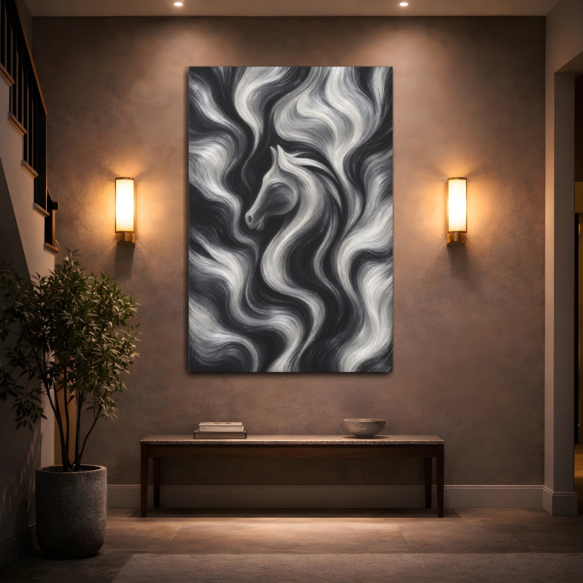Mockup 2. Animals Horse Black And White shown as stretched canvas wall art