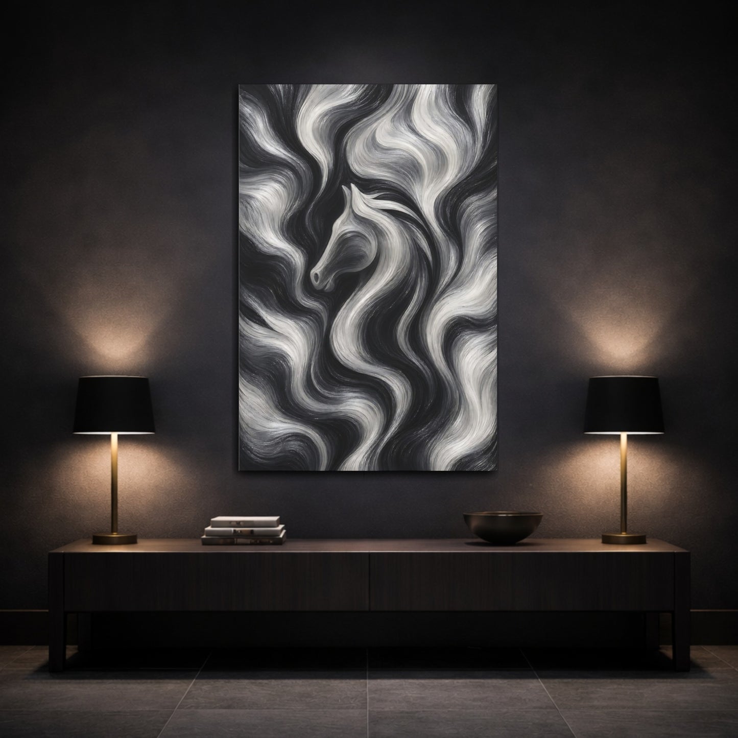 Mockup 3. Animals Horse Black And White shown as stretched canvas wall art