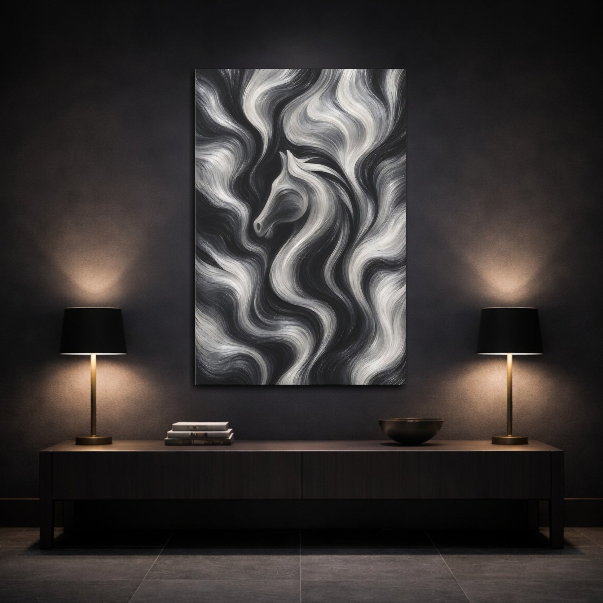 Mockup 3. Animals Horse Black And White shown as stretched canvas wall art