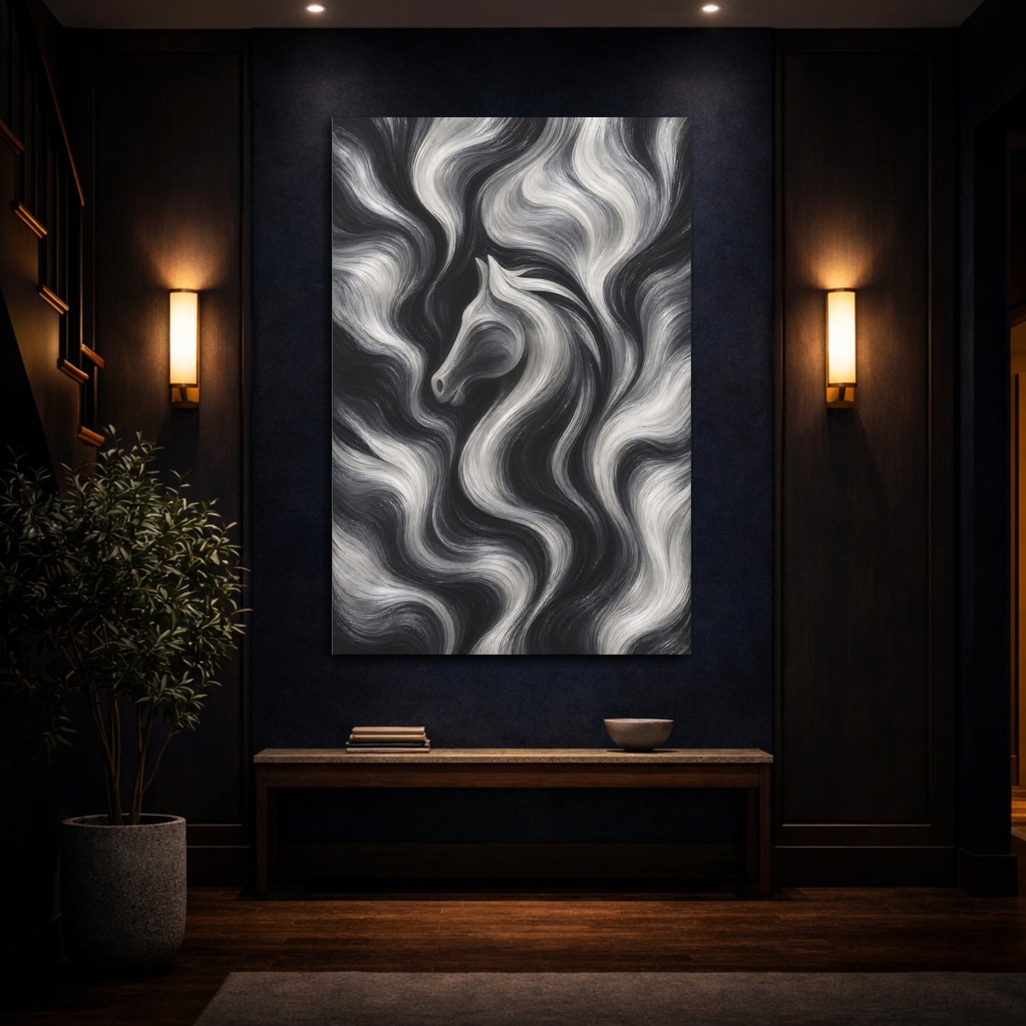 Mockup 4. Animals Horse Black And White shown as stretched canvas wall art