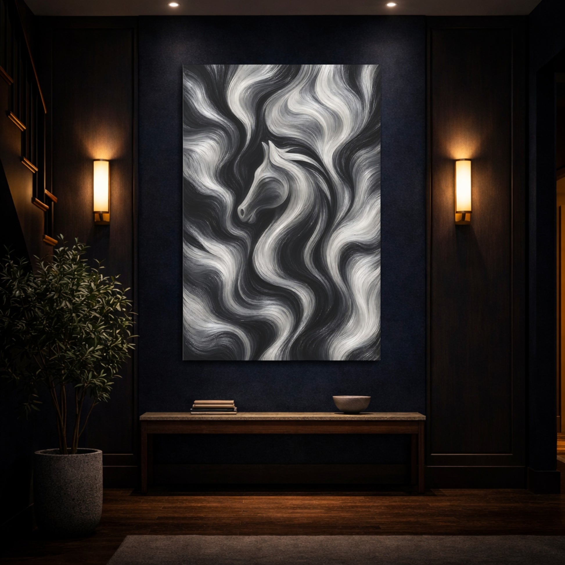 Mockup 4. Animals Horse Black And White shown as stretched canvas wall art