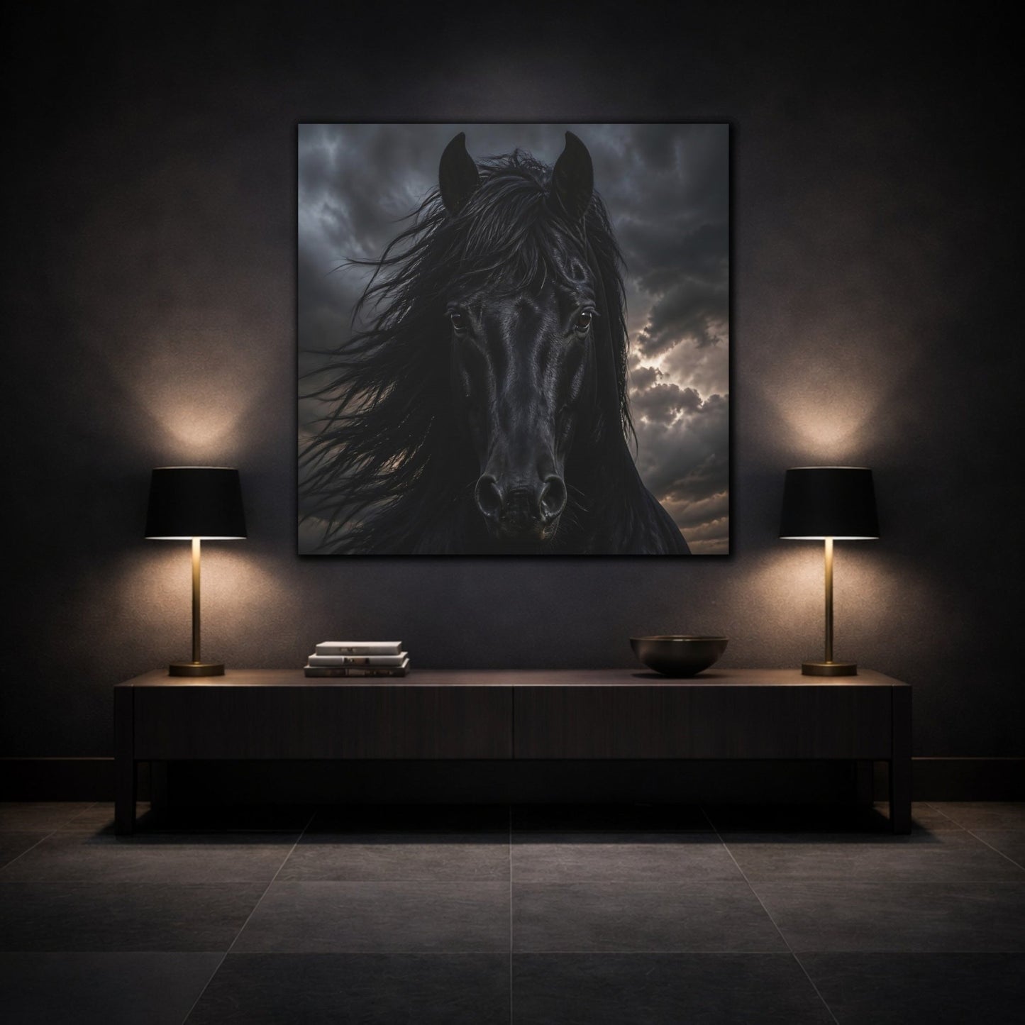 Animals Horse Black Dramatic Canvas Print Wall Art – Living Room, Above Couch - YesArtYes