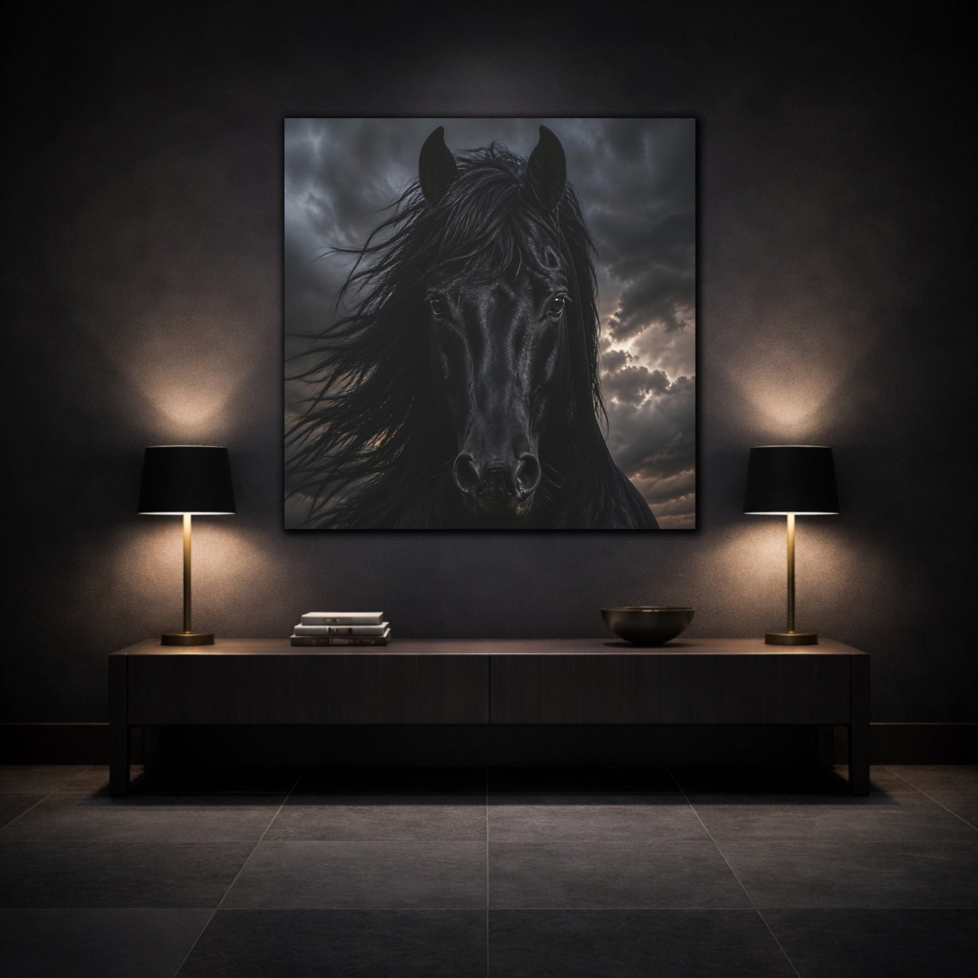 Animals Horse Black Dramatic Canvas Print Wall Art – Living Room, Above Couch - YesArtYes