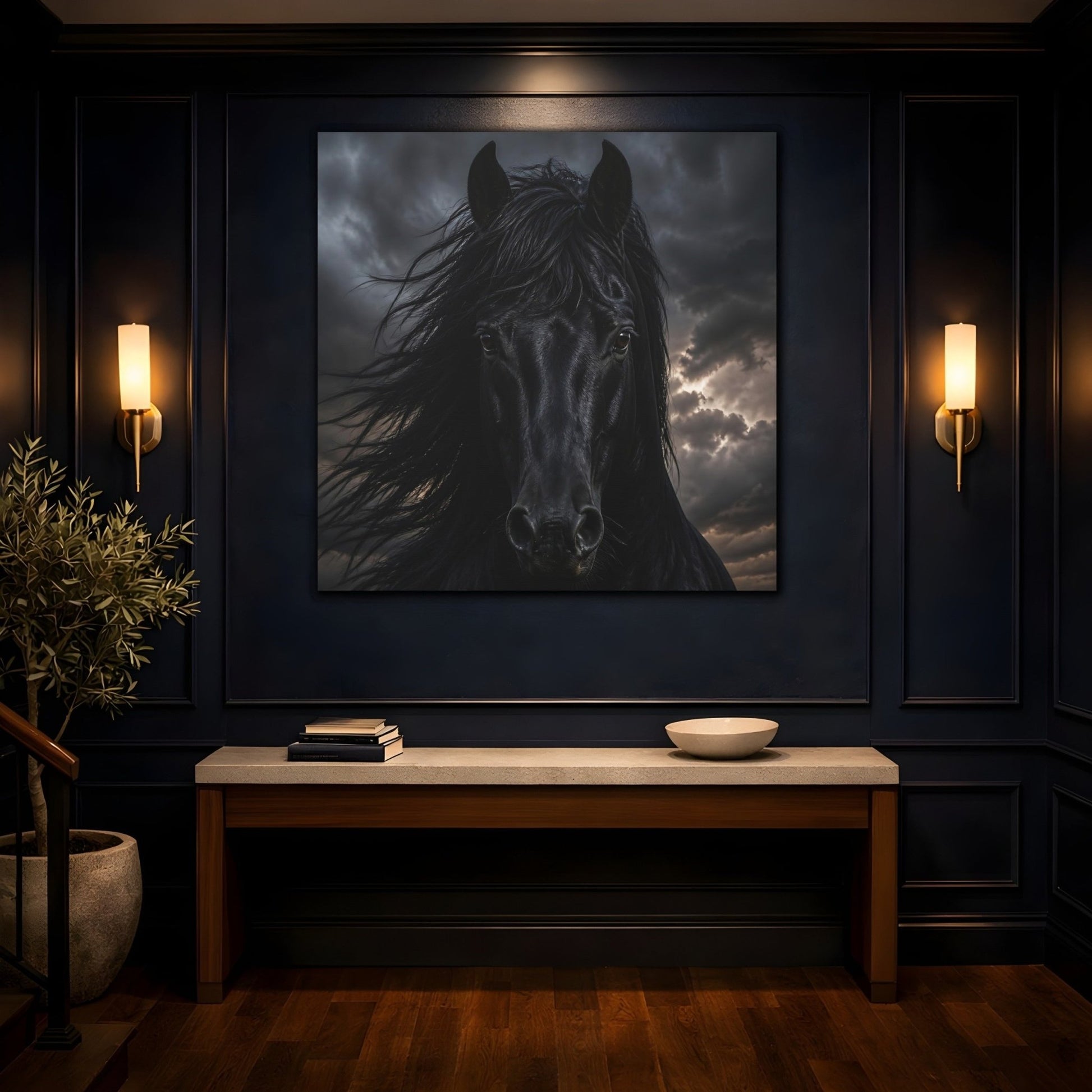 Animals Horse Black Dramatic Canvas Print Wall Art – Living Room, Above Couch - YesArtYes