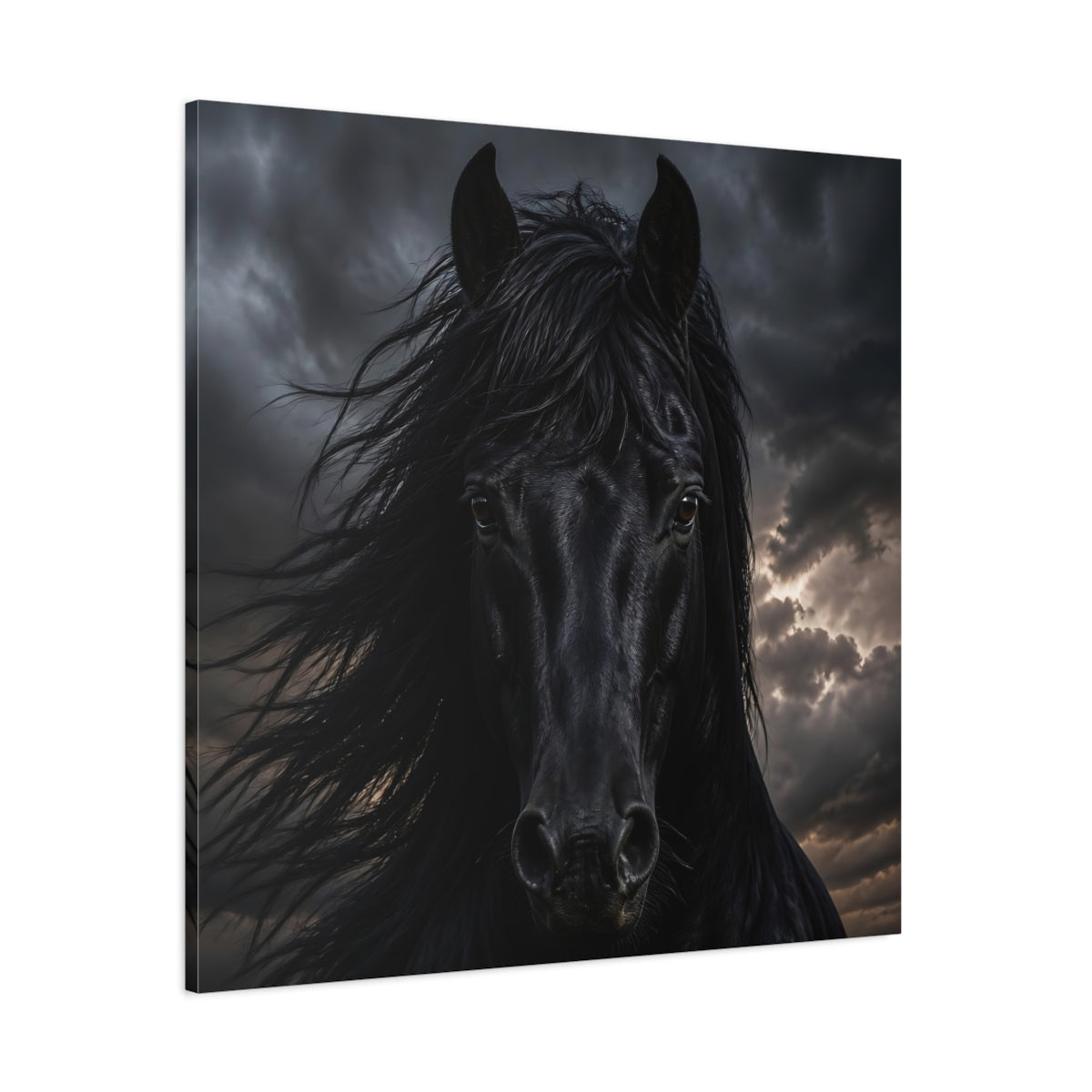 Side Mockup 1. Animals Horse Black Dramatic shown as canvas print