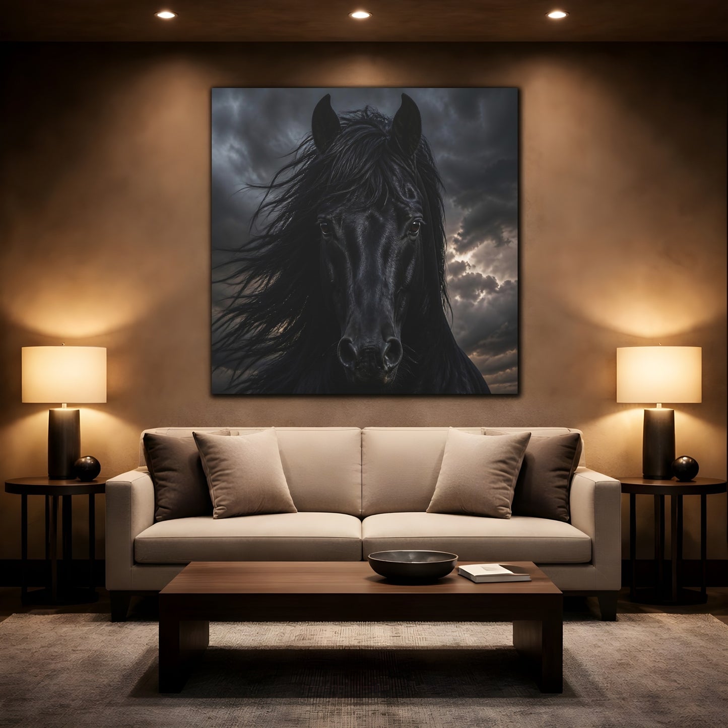 Mockup 2. Animals Horse Black Dramatic shown as canvas print